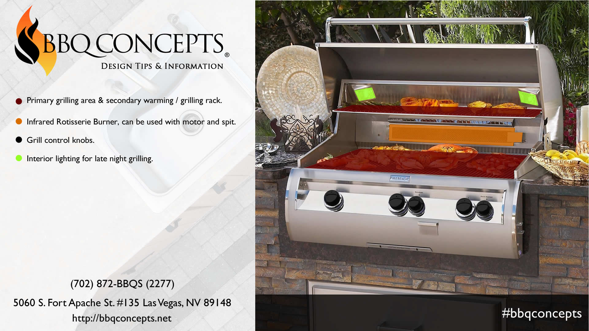 Professional Barbecue Grill Infographic - Grilling Surface and Rear Infrared Rotisserie Diagram